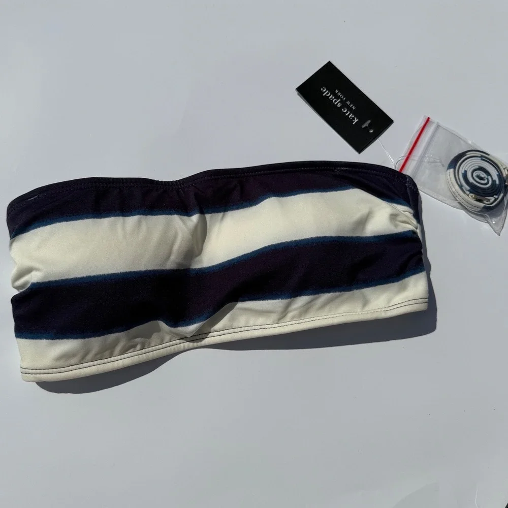Kate Spade New York Bandeau Bikini Top small striped Blazer Blue Cream NWT $148